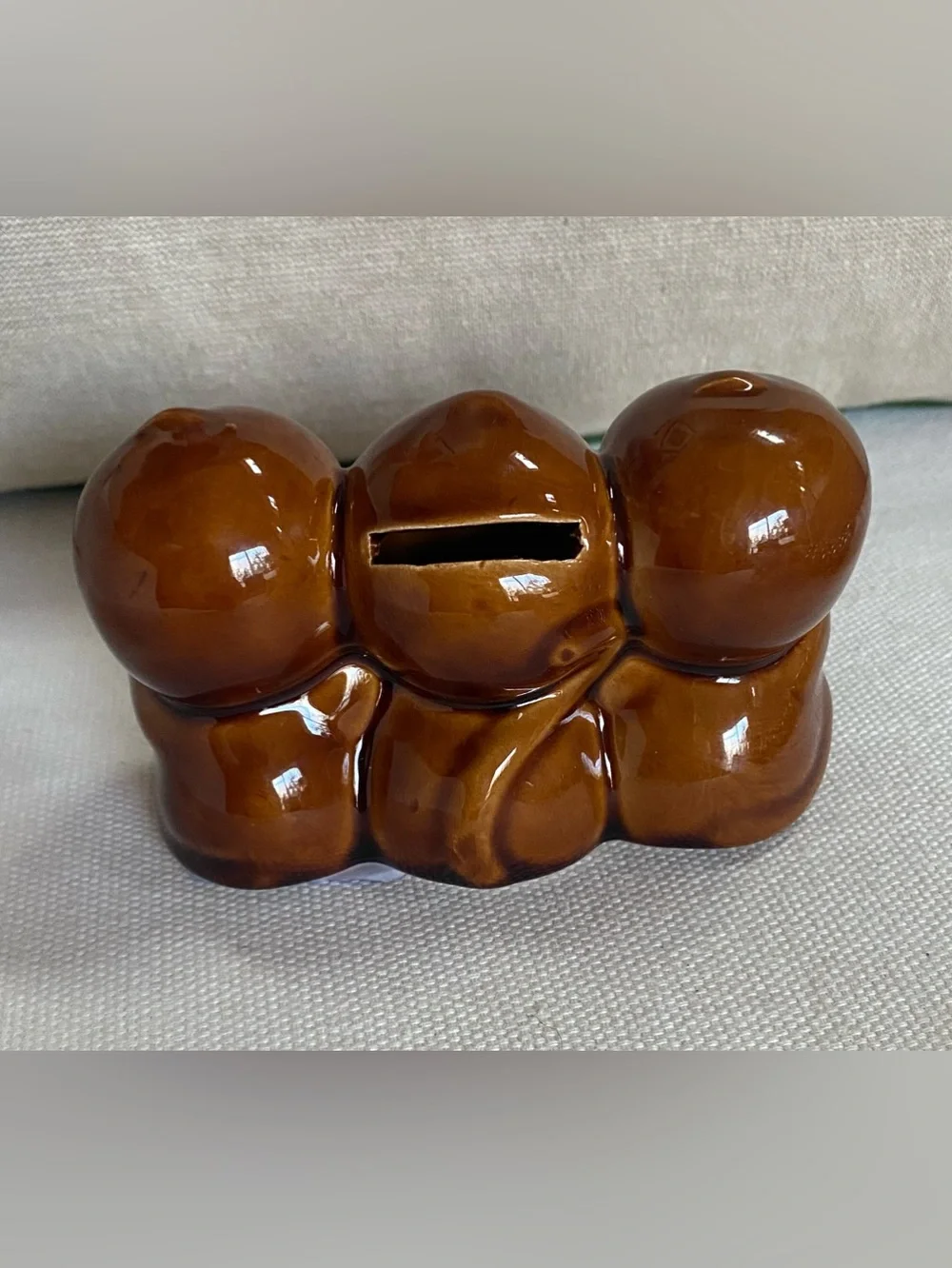 VTG Three Wise Monkeys Ceramic Coin Bank Japan Mid Century Retro Kitschy MCM
